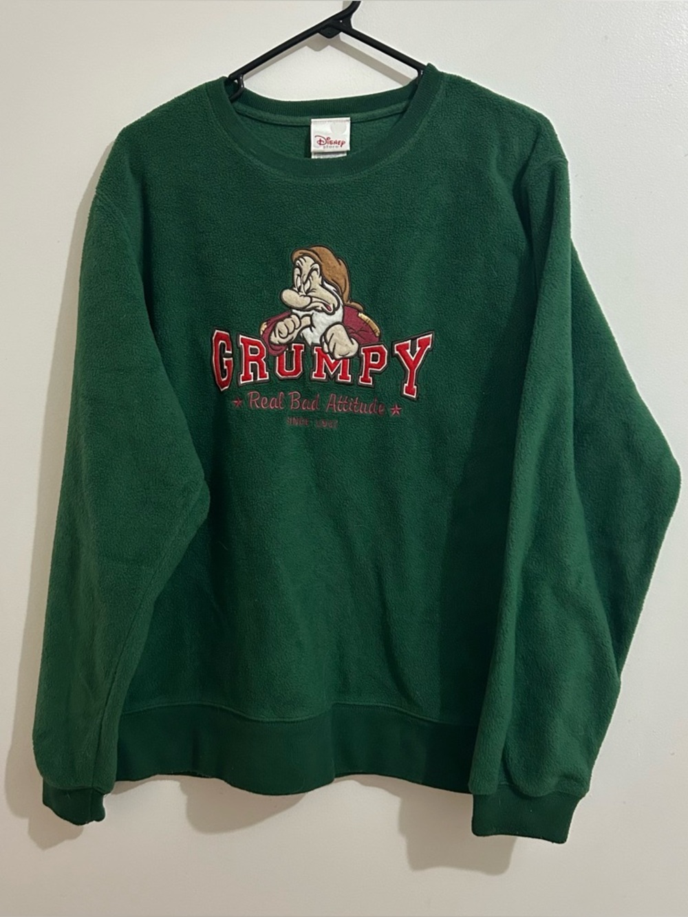 Vintage Disney Store Green Fleece Sweatshirt Grumpy Real Bad Attitude Size M